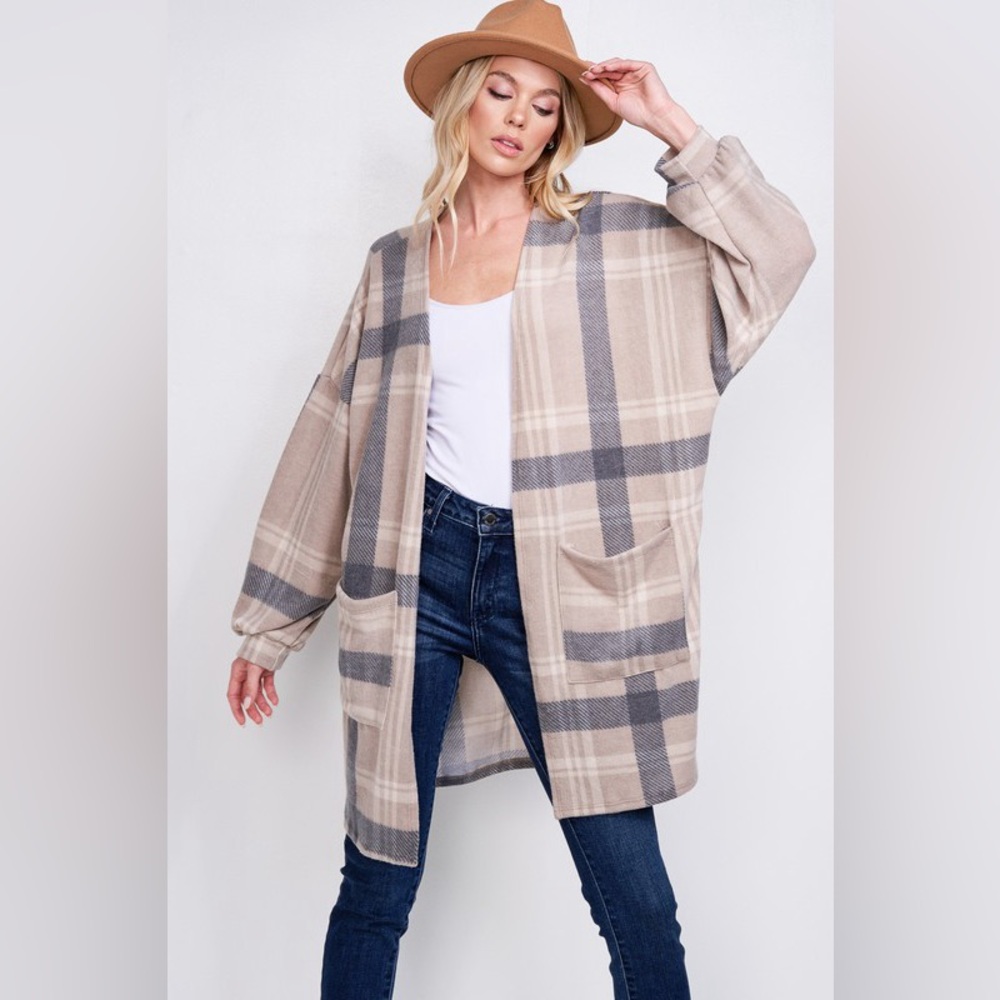 Plaid Loose Fit Cardigan - Taupe NWT